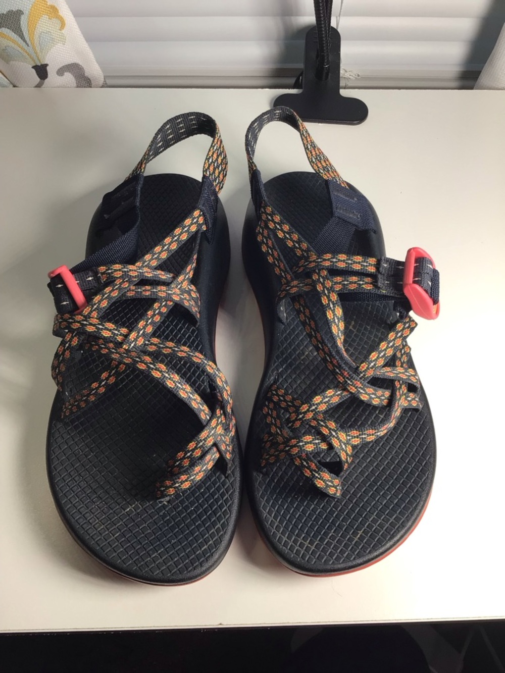Chaco Women's Navy Sandal with Orange-Patterned Straps and Coral Buckles